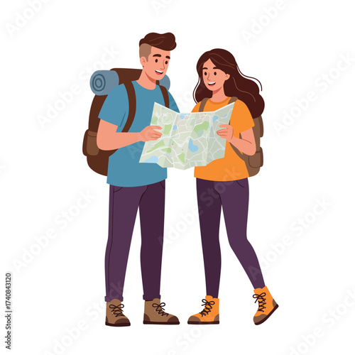 Young couple backpacking exploring a map together outdoors adventure journey illustration