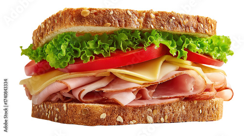 Delicious grilled chicken sandwich recipe with fresh arugula tomato and onion on toasted bread recipe on transparent background