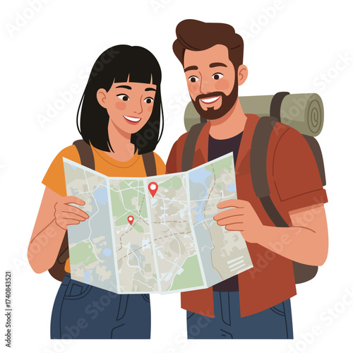 Couple holding map planning adventure together backpacking travel destination finding illustration