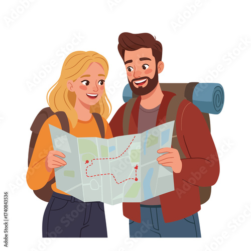 Couple studying map planning adventure trip outdoors ready for journey together illustration