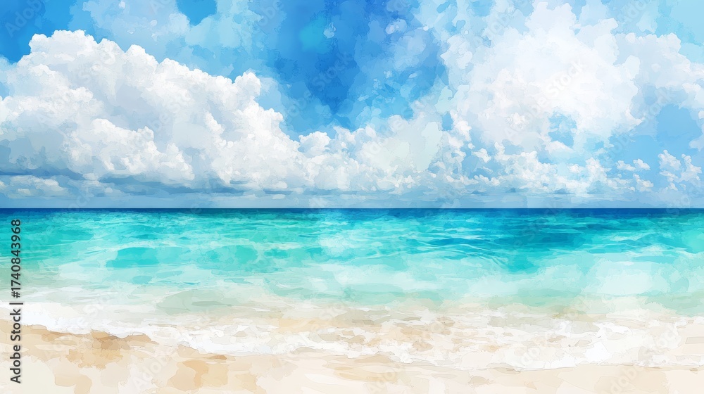 Fototapeta premium dreamy shoreline scene rendered in watercolor vector, transparent turquoise water lapping at sandy beach, overhead sky painted with delicate cloud clusters