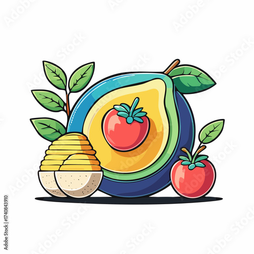 Avocado tomato and fruit arrangement with transparent background