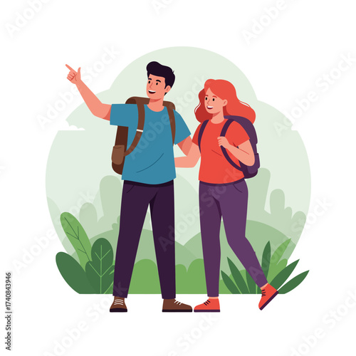 Adventurous couple hiking with backpacks enjoying nature and scenic views outdoors together illustration