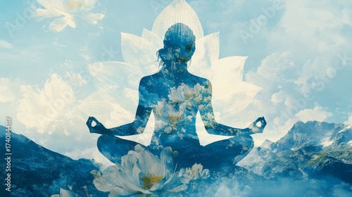 Ethereal double exposure of lotus-positioned yogi merging with mountain landscape, translucent floral elements overlaying anatomical alignment lines, spiritual symbolism.