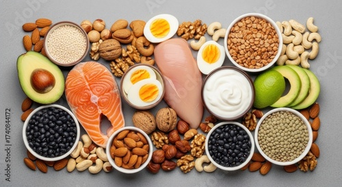 A diverse assortment of healthy protein sources laid out on a grey surface