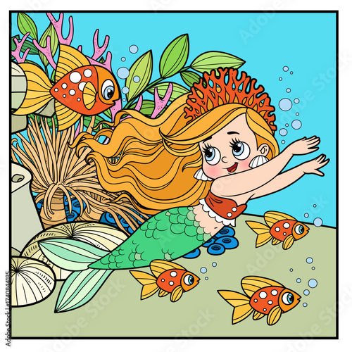 Cute little mermaid girl in coral tiara swims racing with a fishes on undersea background