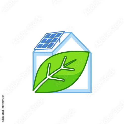 Go green with clean energy solutions featuring a modern house, vibrant leaf, and efficient solar panel for a sustainable future and environmentally friendly living