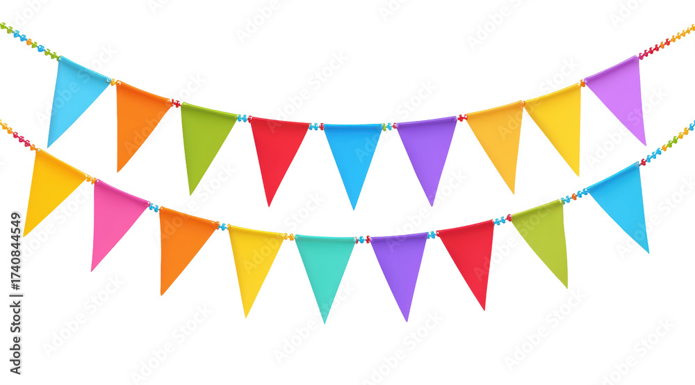 Obraz premium Colorful Garlands for Celebration: Two strings of vibrant triangular pennants cascade playfully, creating a visual feast of rainbow hues, ideal for parties and festive events.