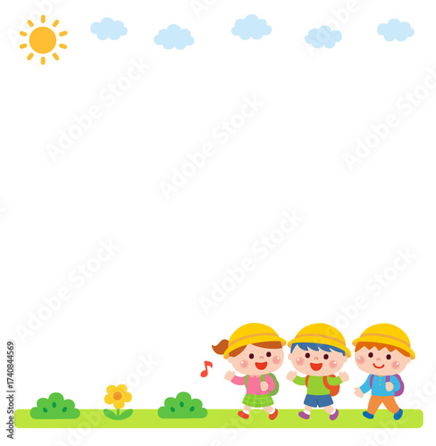 遠足で歩く子どもたちのイラスト