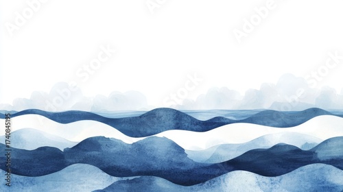 serene sea vista in watercolor vector art, rolling blue waves beneath a sky of layered white clouds, light and shadow blending seamlessly for flyer backgrounds