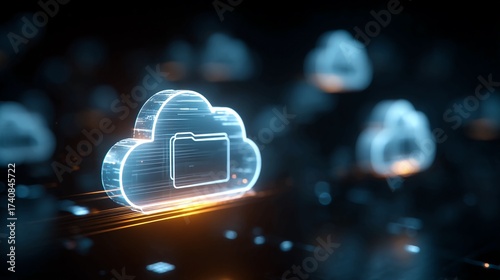 Stunning glowing neon cloud icon with folder symbol representing secure digital data storage and cloud computing technology concept