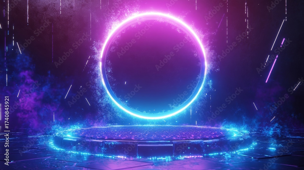 Fototapeta premium high-detail vector of a circular neon portal hovering above a hexagonal platform, pulsating blue and purple glows with animated spark particles drifting upward