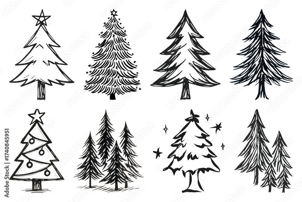 Obraz premium Hand-drawn evergreen tree illustrations.