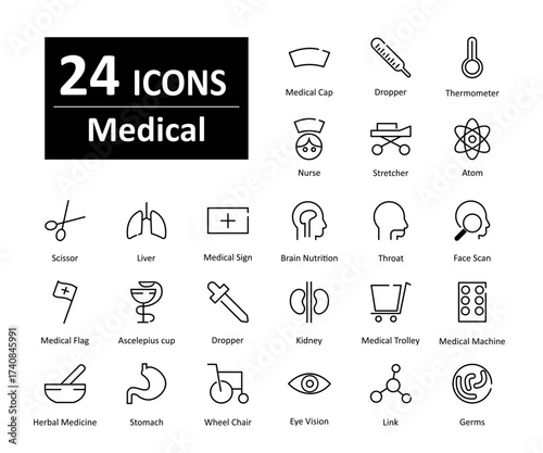These are 24 beautiful small, pixel perfect medical interface vector icons.