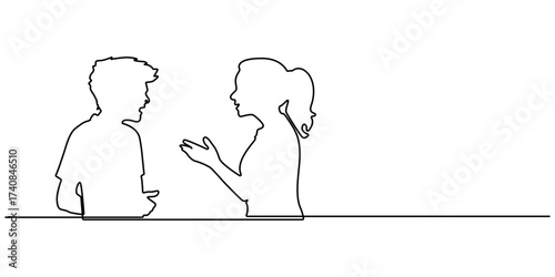Continuous line drawing Silhouette of couple is sitting at the table icon neon glow vector illustration concept