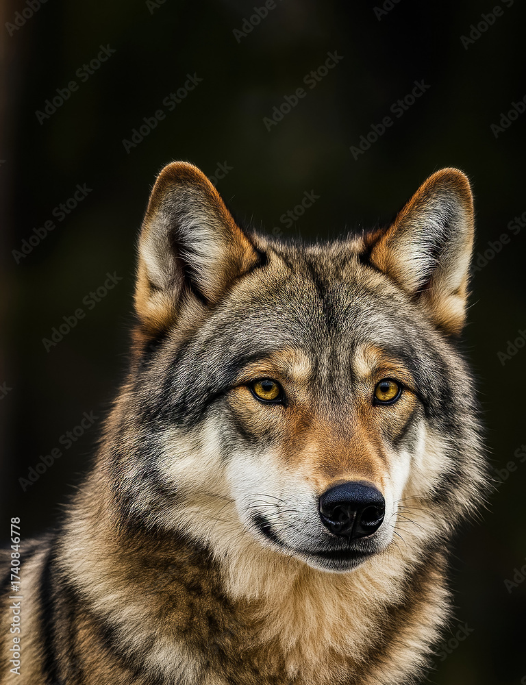 Fototapeta premium Close-up portrait of a wild gray wolf with amber eyes and thick fur, gazing forward in soft natural light against a blurred forest background, showcasing wildlife strength and elegance.