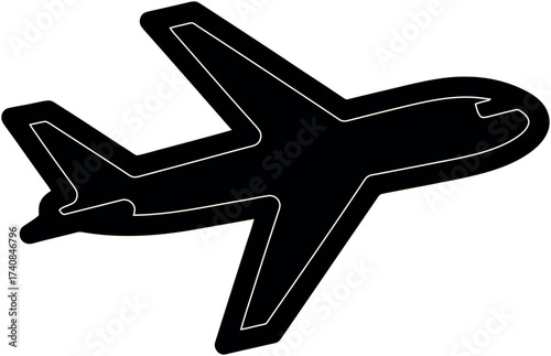 Silhouette of a black airplane with white outline against a white background.