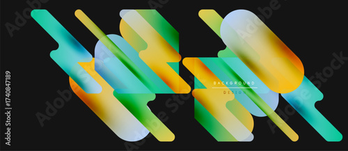 Abstract geometric shapes overlap, creating vibrant gradients. Design features smooth transitions between yellow, green, blue hues. Minimalist style.