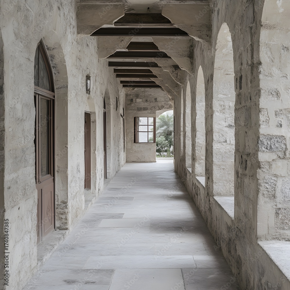 Obraz premium Stone archway hallway perspective with light streaming through window openings