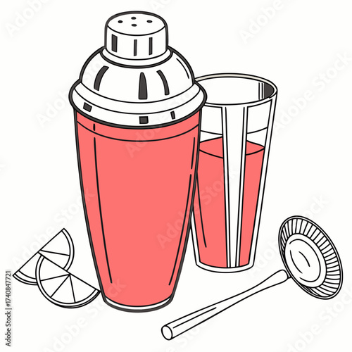 red cocktail shaker, glass, and citrus slices clip art preview