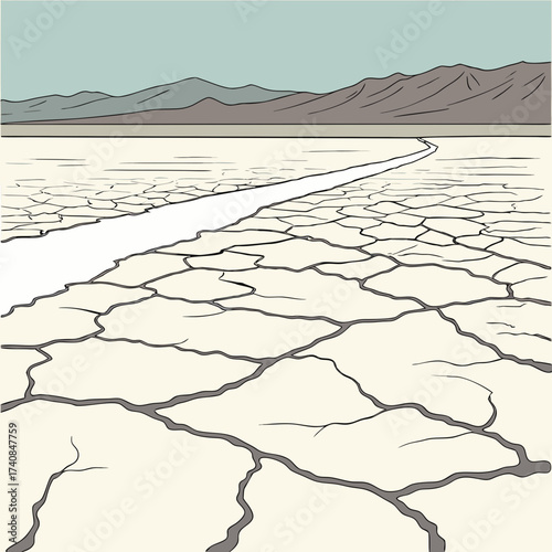 Illustration of a cracked dry lake bed with mountains in the background, depicting drought, climate change, and environmental issues