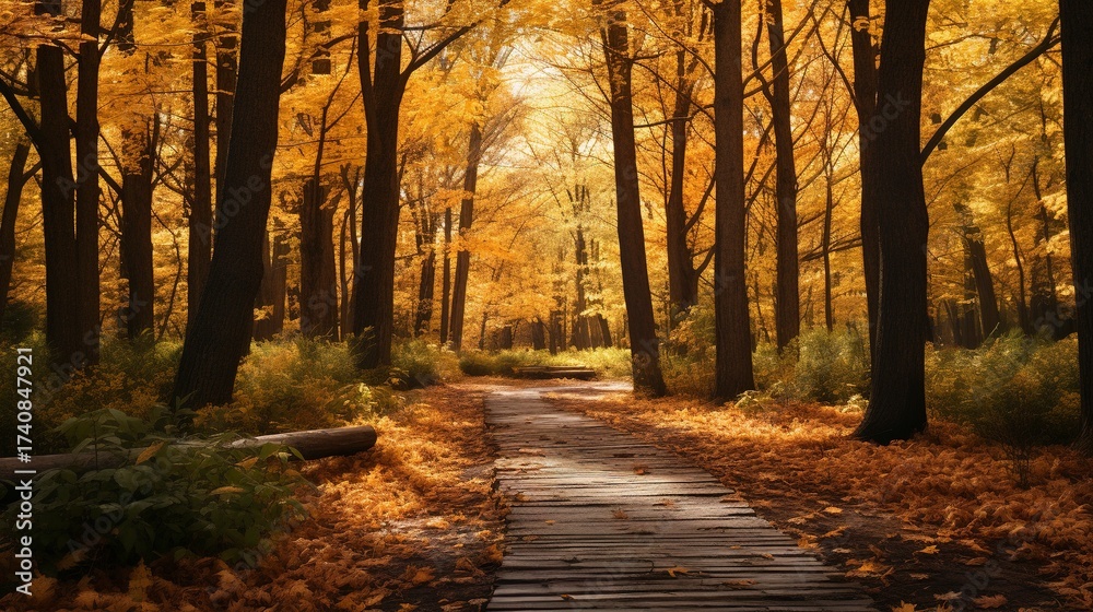 Fototapeta premium A photo of a serene forest path with fall foliage