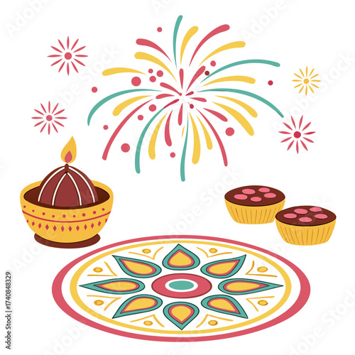 Vector art of a cheerful illustration depicting diwali celebrations, featuring a diya, sweets, rangoli, and fireworks, symbolizing the festival of lights