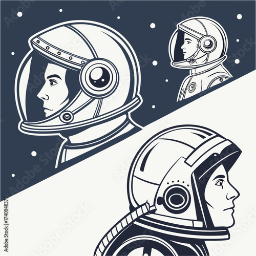 Vector art of a collection of astronaut portraits in vintage style, showcasing the bravery and determination of space explorers, perfect for science enthusiasts and retrofuturism lovers