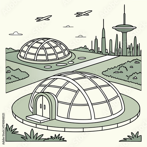 Vector art of a futuristic city with geodesic domes, sleek skyscrapers, and flying vehicles, creating a retrofuturistic landscape with a clean and minimalist design