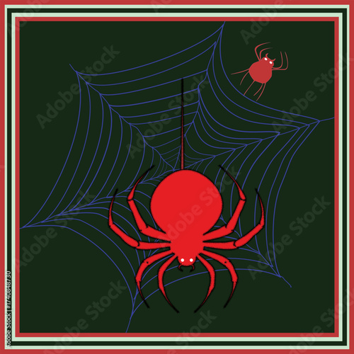A striking wall art of two bright red spiders on a blue web, set against a deep green background with bold striped borders, evoking tension and mystery.