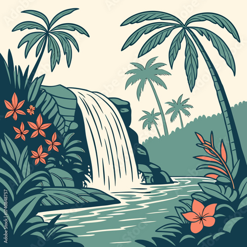 Vector art of a vibrant tropical paradise showcasing a stunning waterfall cascading into a clear river, framed by lush palm trees, exotic flowers, and dense foliage, creating a captivating scene