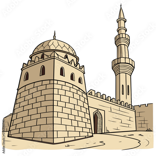 Vector art of an ancient mosque with a towering minaret stands proudly against a white backdrop, showcasing its intricate architecture and historical significance