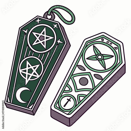 Vector art of coffin shaped pendants witchcraft and occultism concept magic and divination tools spiritual session and communication