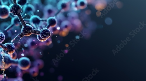 Molecular Spheres and Rods with Textured Surfaces in Blue, Purple and Orange against Dark Field Expressing Chemistry, Biology and Nanotechnology, Artistic Visualization of Atomic Structures