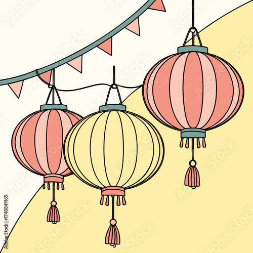 Vector art of festive chinese new year lanterns hanging with tassels and a string of pennant flags, a delightful illustration