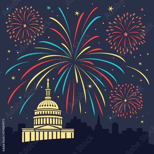 Vector art of fireworks over the capitol building in washington, dc with a dark blue background celebration of independence day cartoon style illustration