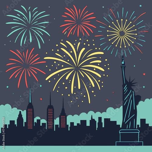 Vector art of fireworks over the statue of liberty and new york city skyline with a dark blue background celebration of independence day cartoon style