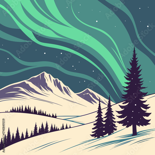 Vector art of majestic aurora borealis over snowy mountains and pine trees, creating a serene winter landscape, ideal for nature and travel themes