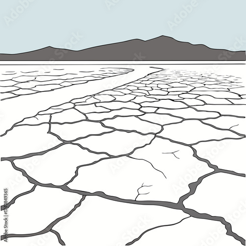 Vector art of monochrome illustration of a cracked dry lake bed with mountains in the background, depicting drought, climate change, and environmental issues