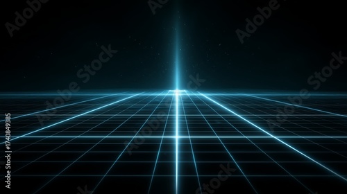 Futuristic Digital Grid Landscape with Vertical Light Beam Rising from Horizon in Virtual Reality Space Showing Depth Perspective and Endless Data Network in Sci Fi Abstract Dimension