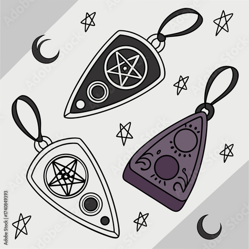 Vector art of ouija board planchette pendants witchcraft and occultism concept magic and divination tools spiritual session and communication