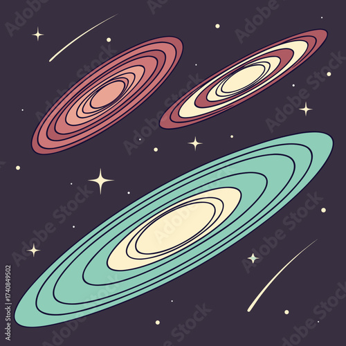 Vector art of three colorful galaxies float in the inky blackness of space, with shooting stars streaking past, creating a whimsical and dreamy cosmic scene, perfect for a childs imagination