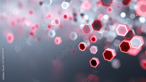 Scattered Hexagonal Shapes Glowing in Red, White and Gray with Depth and Motion Expressing Technology, Data and Modern Design, Abstract Visualization of Digital Interfaces and Futuristic Connectivity
