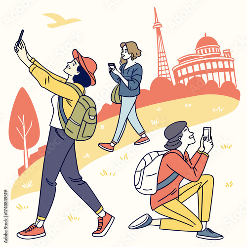 Vector art of three happy tourists exploring a city with famous landmarks, capturing memories with their smartphones, creating a vibrant and modern travel illustration