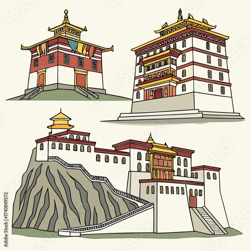 Vector art of three traditional bhutanese buildings, showcasing the unique architecture and cultural heritage of bhutan, with intricate details and vibrant colors