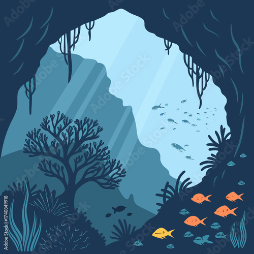 Vector art of underwater cave scene with sunlight streaming through, showcasing marine life, coral, and a peaceful aquatic environment