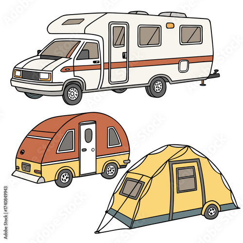 Vector art of various types of camping vehicles a motorhome, a teardrop trailer, and a tent trailer, showcasing different ways to travel