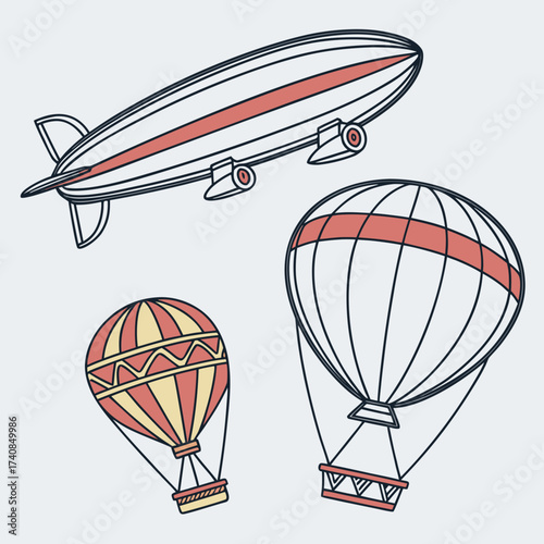 Vector art of vintage air transport illustration featuring a zeppelin and hot air balloons, creating a nostalgic and whimsical scene, perfect for travel or adventure themes