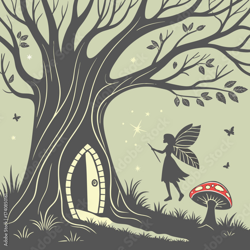 Vector art of whimsical fairy tale scene with a magical tree house, a fairy with wings, and a red mushroom, creating a sense of wonder and enchantment in natures embrace