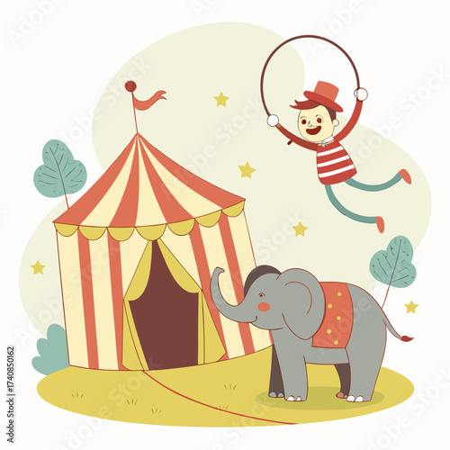 Vector art of whimsical illustration of a circus tent, an elephant, and an acrobat, perfect for childrens book or a circus themed event